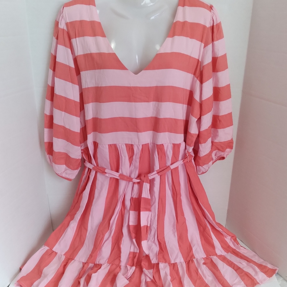 NWT Gibsonlook Womens Blissful Blouson Sleeve Dress Pink Coral Ruffle Hem L - Picture 4 of 11